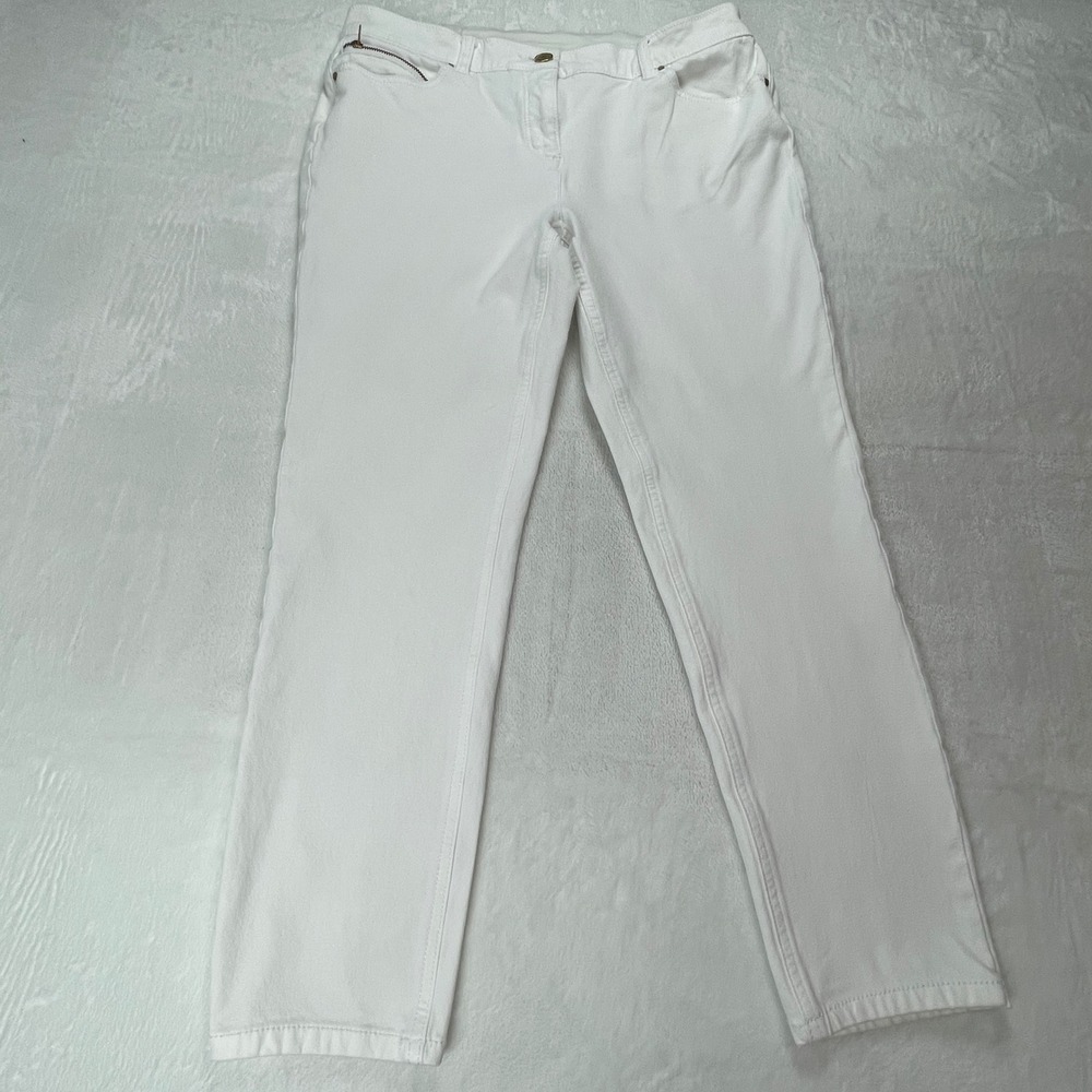 Chicos So Slimming White Ankle Pants Womens Sz 1.5 Decorative Zip Stretch Denim